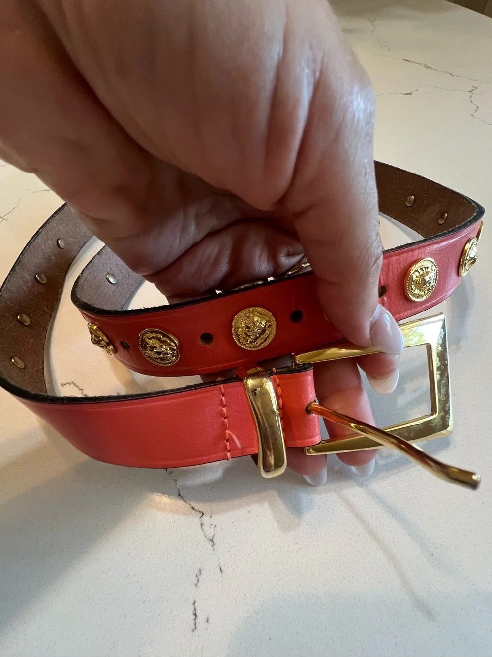 The Limited Belt Gold Lion Medallion Coral Leather Studded Belt Small S preloved